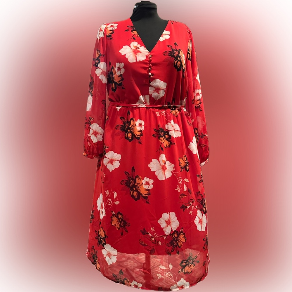A New Day Red Floral Chiffon Long Sleeve Lined Midi Dress Size X Large